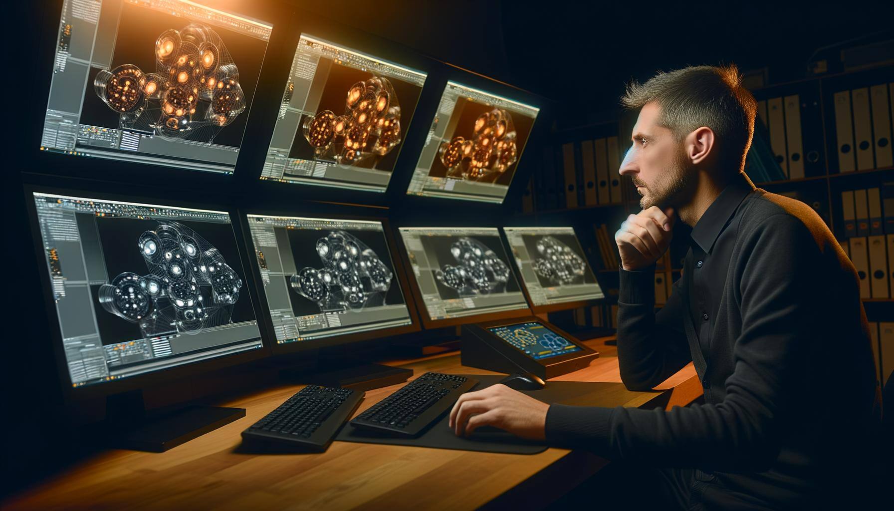 A designer working on a high-end computer with multiple monitors displaying advanced design software like CATIA.