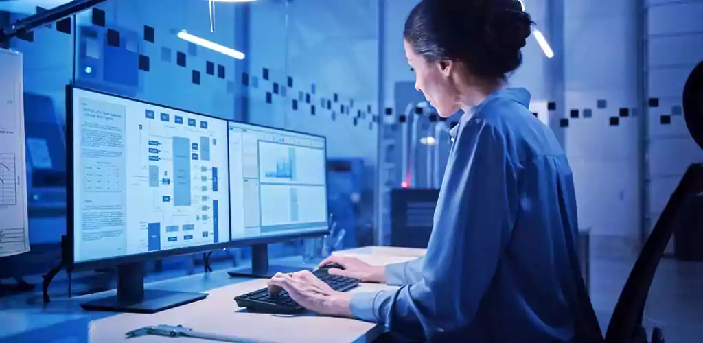 A woman at work in front of two computers.